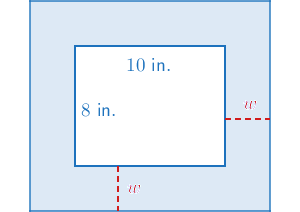 A small, 8-inch-by-10-inch rectangle inside a larger rectangle. The distance between the outer edges of the 2 rectangles is labeled w.